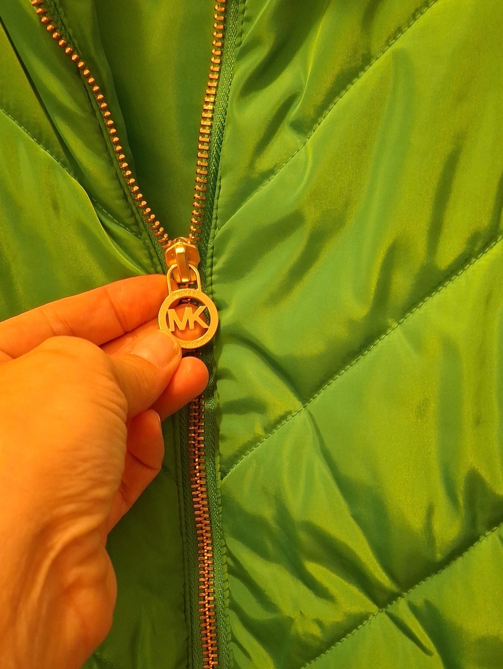 Michael Kors Bright Lime Green Quilted Puffer Jacket with MK Zip Pull
